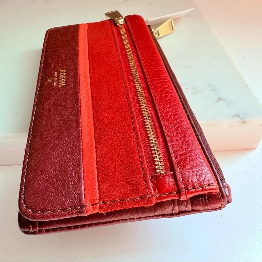 NWT Fossil RFID Preston Zip Clutch Wallet Midnight Crimson
